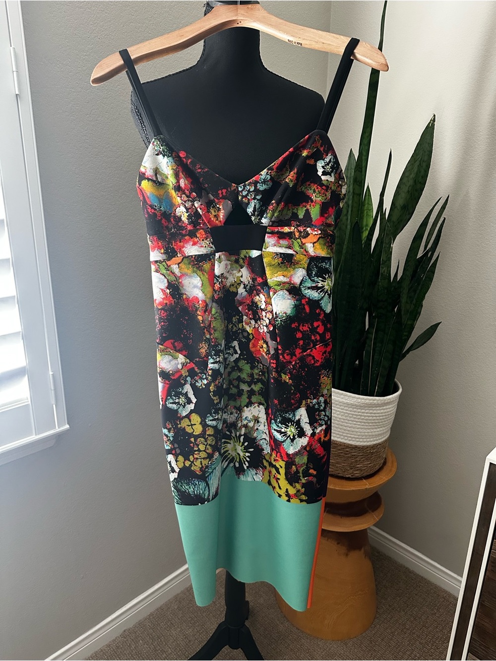 Milly Colorblock Cutout Floral Slip Dress with Mint Hem
